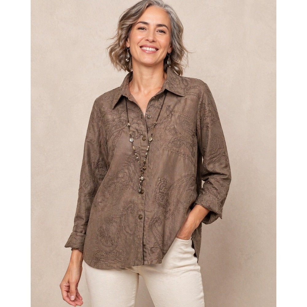 Chico's Paisley Embroidered Button Down‎ Top Boho Neutral Size 3 XL